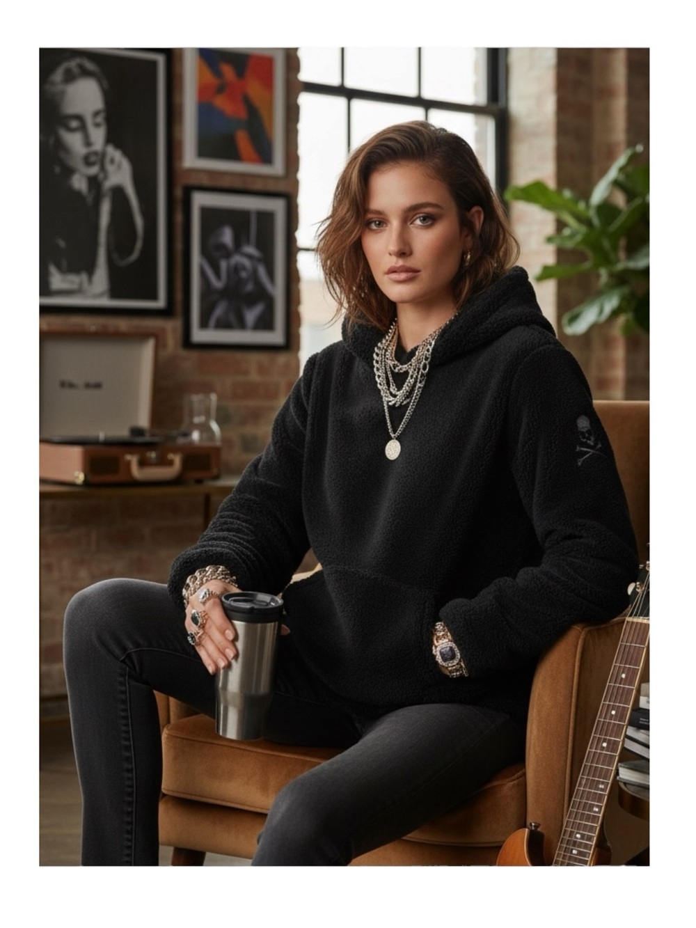 new SoulCycle ☻ Faux Shearling Reversible Mesh Skull Embroidered Pullover Hoodie - Picture 1 of 16